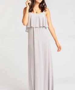 Show Me Your Mumu Bridesmaids Dresses Caitlin Ruffle Maxi Dress ~ Dove Grey Chiffon