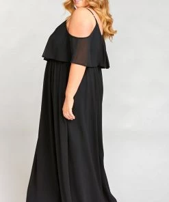 Show Me Your Mumu Bridesmaids Dresses Caitlin Ruffle Maxi Dress ~ Black Chiffon