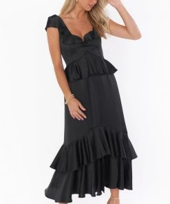Show Me Your Mumu Reese Ruffle Dress ~ Black Luxe Satin New Mu 9 Show Me Your Mumu Reese Ruffle Dress ~ Black Luxe Satin New Mu