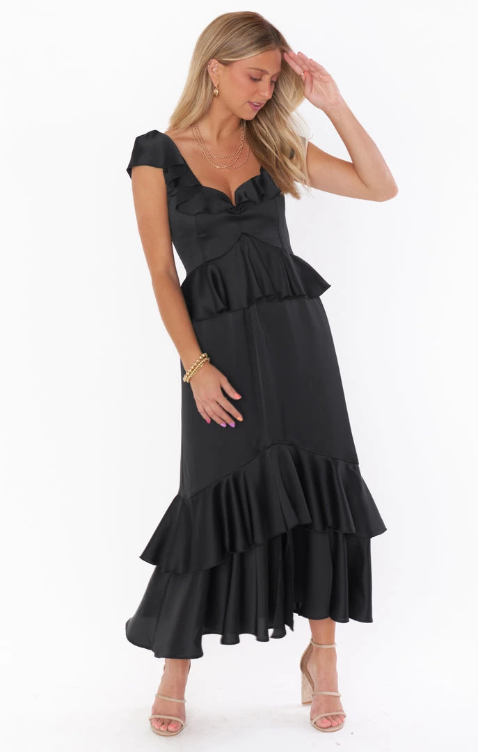 Show Me Your Mumu Reese Ruffle Dress ~ Black Luxe Satin New Mu 6 Show Me Your Mumu Reese Ruffle Dress ~ Black Luxe Satin New Mu