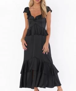 Show Me Your Mumu Reese Ruffle Dress ~ Black Luxe Satin New Mu