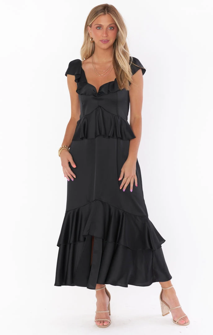 Show Me Your Mumu Reese Ruffle Dress ~ Black Luxe Satin New Mu 3 Show Me Your Mumu Reese Ruffle Dress ~ Black Luxe Satin New Mu