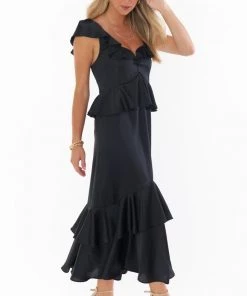 Show Me Your Mumu Reese Ruffle Dress ~ Black Luxe Satin New Mu