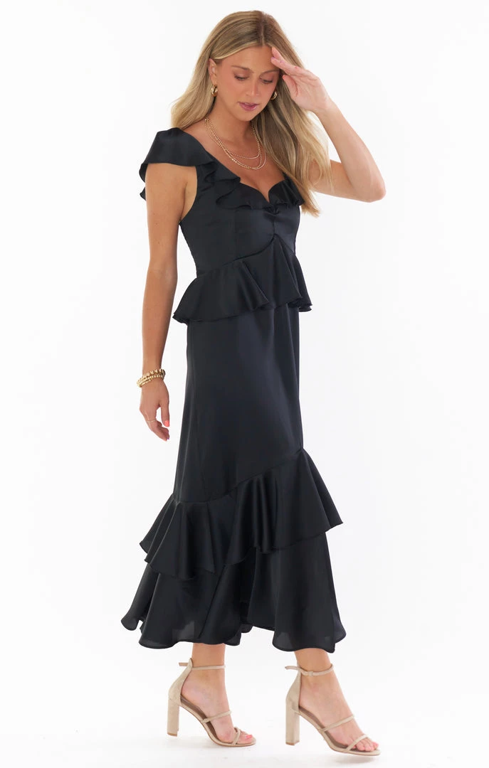 Show Me Your Mumu Reese Ruffle Dress ~ Black Luxe Satin New Mu 4 Show Me Your Mumu Reese Ruffle Dress ~ Black Luxe Satin New Mu