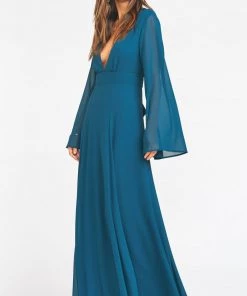 Show Me Your Mumu Wedding Guest Dresses Venus Long Sleeve Flare Dress ~ Deep Jade Chiffon