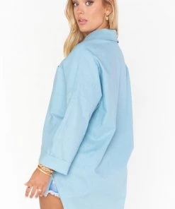 Show Me Your Mumu Johns Button Down Shirt ~ Dusty Blue Linen