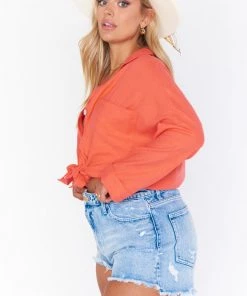 Show Me Your Mumu Tops Johns Button Down Shirt ~ Coral Linen