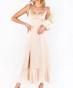 Show Me Your Mumu New Mu Claire Midi Dress ~ Champagne Luxe Satin