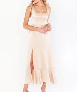 Show Me Your Mumu New Mu Claire Midi Dress ~ Champagne Luxe Satin