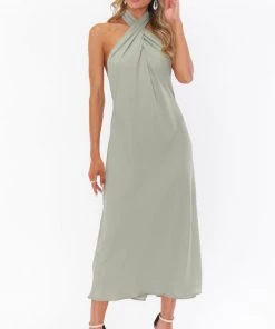 Show Me Your Mumu Bridesmaids Dresses Jasmine Halter Midi Dress ~ Moss Green Crisp