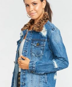 Show Me Your Mumu Drine Denim Jacket ~ Vintage Ocean With Cheetah Fur