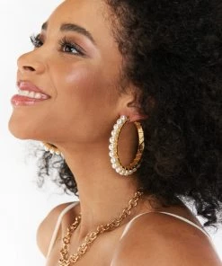Show Me Your Mumu New Mu Petra Pearl Hoop Earrings ~ Gold/White