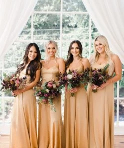 Show Me Your Mumu Godshaw Goddess Gown ~ True Gold Luxe Satin Bridesmaids Dresses