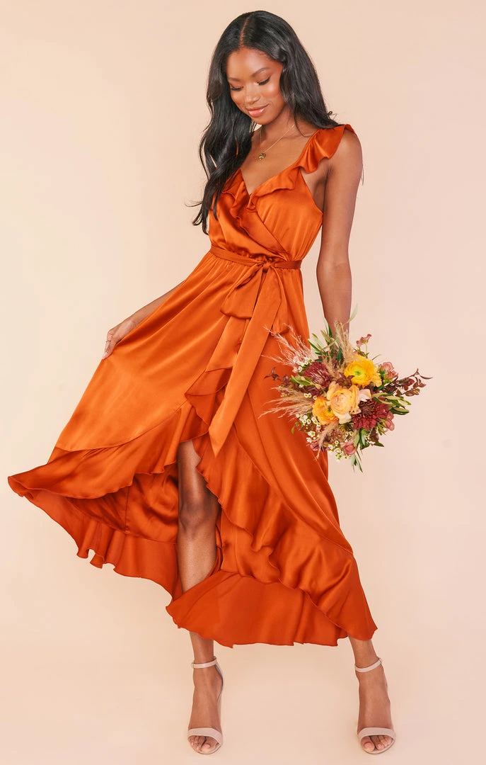 Show Me Your Mumu Samantha Ruffle Wrap Dress ~ Burnt Orange Luxe Satin Wedding Guest Dresses 8 Show Me Your Mumu Samantha Ruffle Wrap Dress ~ Burnt Orange Luxe Satin Wedding Guest Dresses