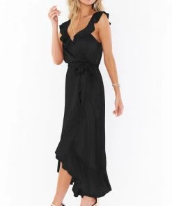 Show Me Your Mumu Dresses Samantha Ruffle Wrap Dress ~ Black Luxe Satin