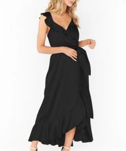 Show Me Your Mumu Dresses Samantha Ruffle Wrap Dress ~ Black Luxe Satin