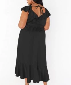 Show Me Your Mumu Dresses Samantha Ruffle Wrap Dress ~ Black Luxe Satin