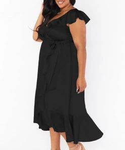 Show Me Your Mumu Dresses Samantha Ruffle Wrap Dress ~ Black Luxe Satin