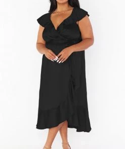 Show Me Your Mumu Dresses Samantha Ruffle Wrap Dress ~ Black Luxe Satin