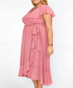 Show Me Your Mumu Jess Ruffle Midi Dress ~ Sunset Rose Chiffon Bridesmaids Dresses
