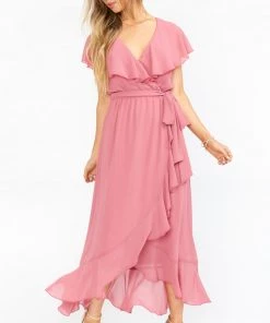Show Me Your Mumu Jess Ruffle Midi Dress ~ Sunset Rose Chiffon Bridesmaids Dresses