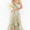 Show Me Your Mumu Dresses Samantha Ruffle Wrap Dress ~ Moss Green Luxe Satin 2 Show Me Your Mumu Dresses Samantha Ruffle Wrap Dress ~ Moss Green Luxe Satin