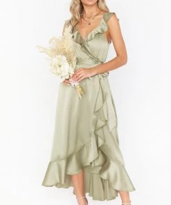 Show Me Your Mumu Dresses Samantha Ruffle Wrap Dress ~ Moss Green Luxe Satin