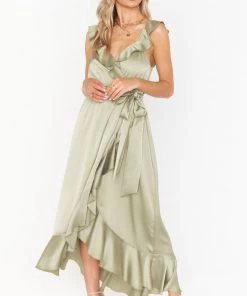 Show Me Your Mumu Dresses Samantha Ruffle Wrap Dress ~ Moss Green Luxe Satin