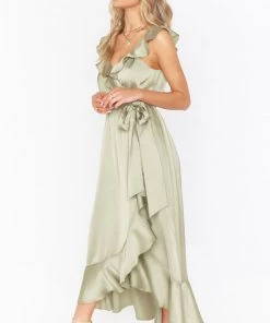 Show Me Your Mumu Dresses Samantha Ruffle Wrap Dress ~ Moss Green Luxe Satin