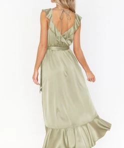 Show Me Your Mumu Dresses Samantha Ruffle Wrap Dress ~ Moss Green Luxe Satin