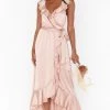 Show Me Your Mumu Dresses Samantha Ruffle Wrap Dress ~ Rose Gold Luxe Satin