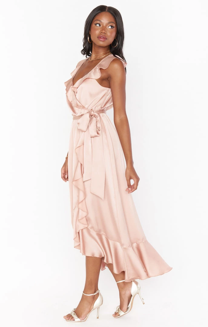 Show Me Your Mumu Dresses Samantha Ruffle Wrap Dress ~ Rose Gold Luxe Satin 5 Show Me Your Mumu Dresses Samantha Ruffle Wrap Dress ~ Rose Gold Luxe Satin