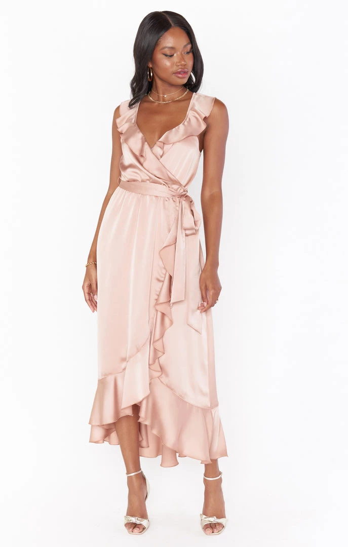 Show Me Your Mumu Dresses Samantha Ruffle Wrap Dress ~ Rose Gold Luxe Satin 4 Show Me Your Mumu Dresses Samantha Ruffle Wrap Dress ~ Rose Gold Luxe Satin