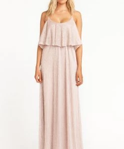 Show Me Your Mumu Bridesmaids Dresses Caitlin Ruffle Maxi Dress ~ Magic Mauve Glimmer