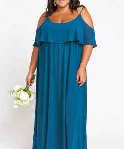 Show Me Your Mumu Bridesmaids Dresses Caitlin Ruffle Maxi Dress ~ Deep Jade Chiffon