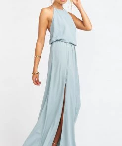 Show Me Your Mumu Bridesmaids Dresses Heather Halter Dress With Long Lining ~ Silver Sage Crisp
