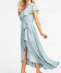 Show Me Your Mumu Maternity Jess Ruffle Midi Dress ~ Silver Sage Crisp