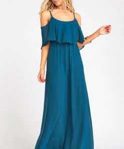 Show Me Your Mumu Bridesmaids Dresses Caitlin Ruffle Maxi Dress ~ Deep Jade Chiffon