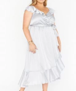 Show Me Your Mumu Samantha Ruffle Wrap Dress ~ Silver Luxe Satin